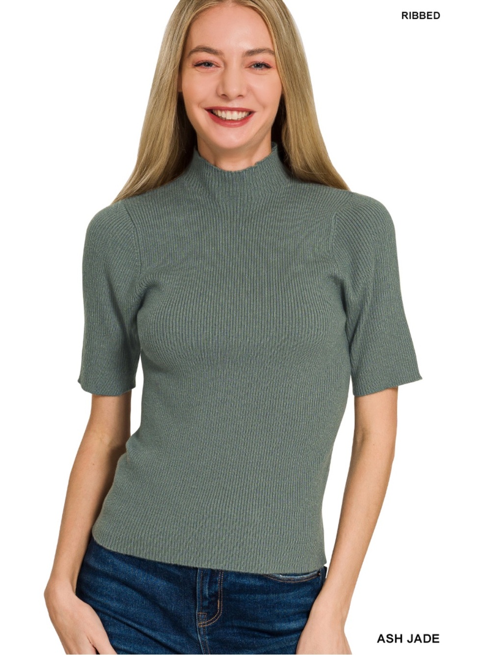 492 ❤️ ash jade SOFT STRETCHY VISCOSE MOCK RIBBED SWEATER